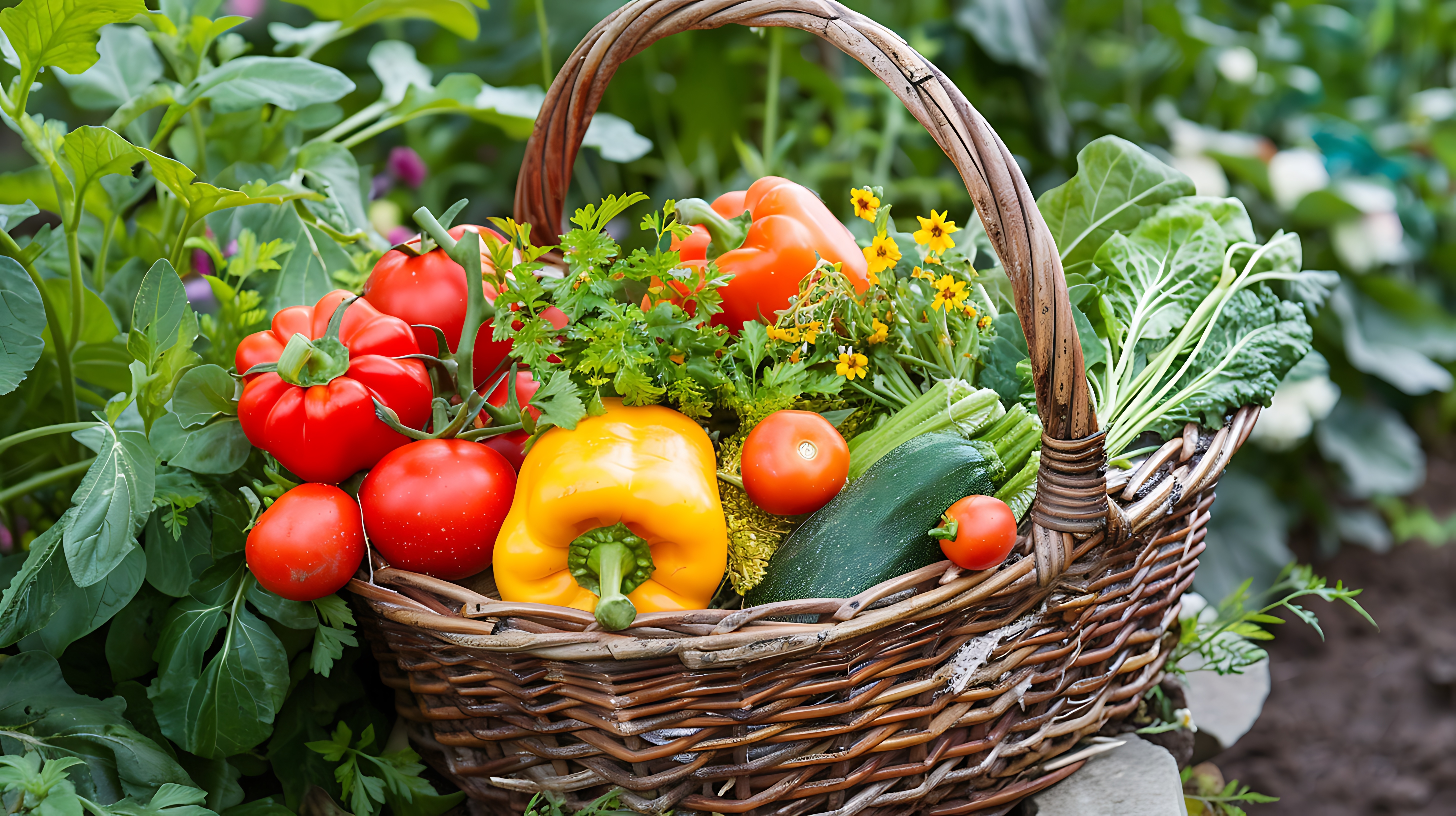 A wicker basket full of freshly picked organic vegetables from the garden